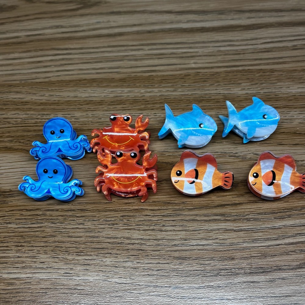 Unbranded Women Hair Clips Acetate Sea Creature Octopus Crab Shark 8pc Set Small